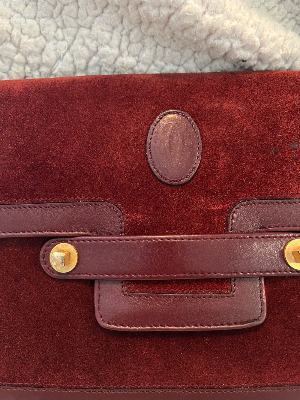 Cartier Burgundy Suede Crossbody Clutch with Gold Hardware - Picture 2 of 14